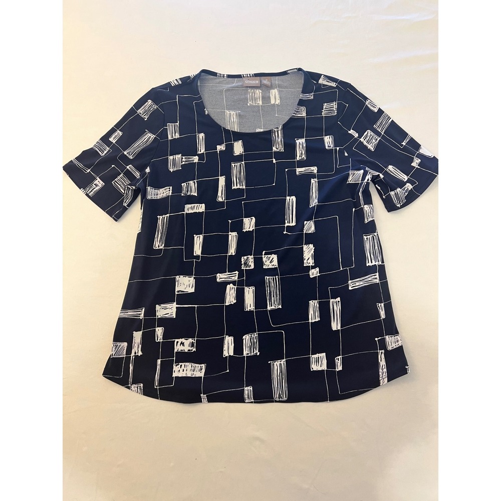 Chicos Navy Blue White Geometric Grid Short Sleeve Scoop Neck Blouse Top Size 2